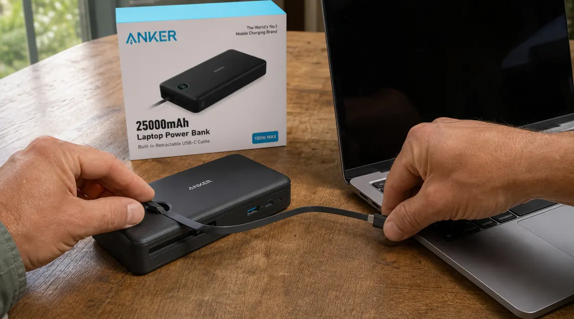 Close-up of the Anker 25000mAh power bank with its retractable USB-C cable extended and plugged into a laptop