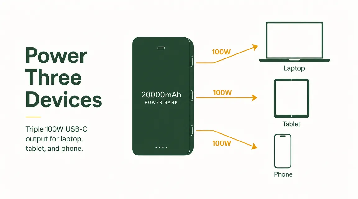 Diagram showing three USB-C ports at 100W each on a power bank and the devices each port can simultaneously charge