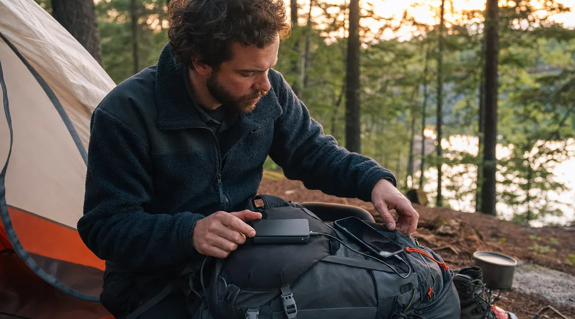 Power bank sitting on top of a hiking pack at a campsite with a phone charging beside a tent at dusk