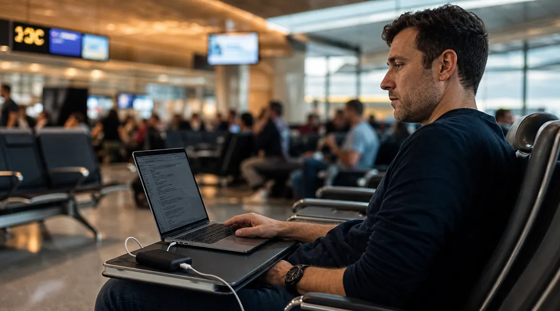 Traveler at a busy airport gate with a laptop and phone plugged into a compact power bank on their tray table
