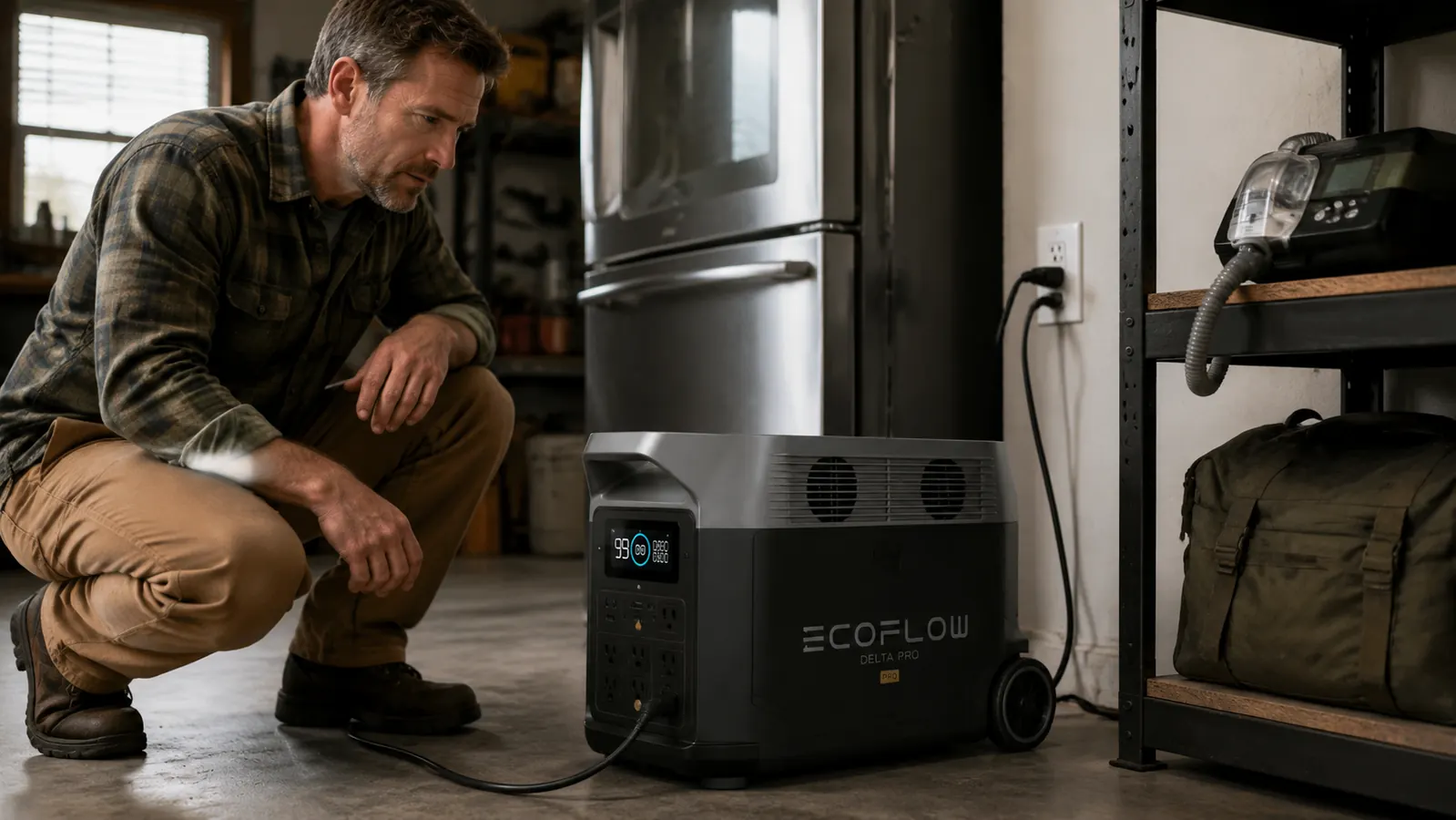 EcoFlow Delta Pro power station with multiple devices plugged in including a refrigerator extension cord and a CPAP machine
