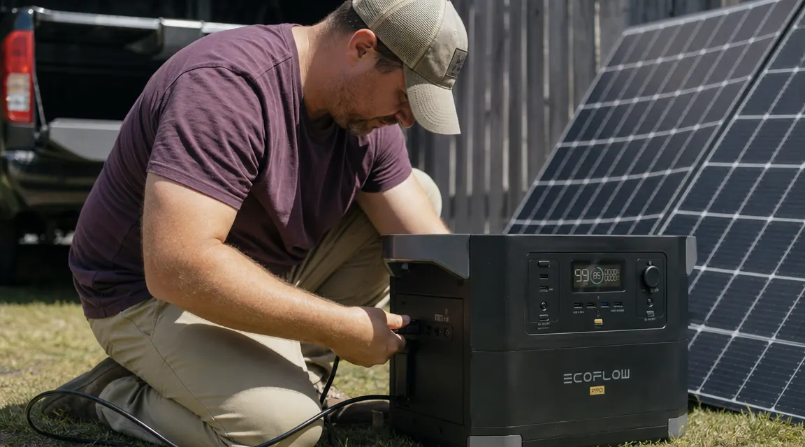 Person connecting a solar panel cable to an EcoFlow Delta Pro outdoors on a sunny day during a camping setup