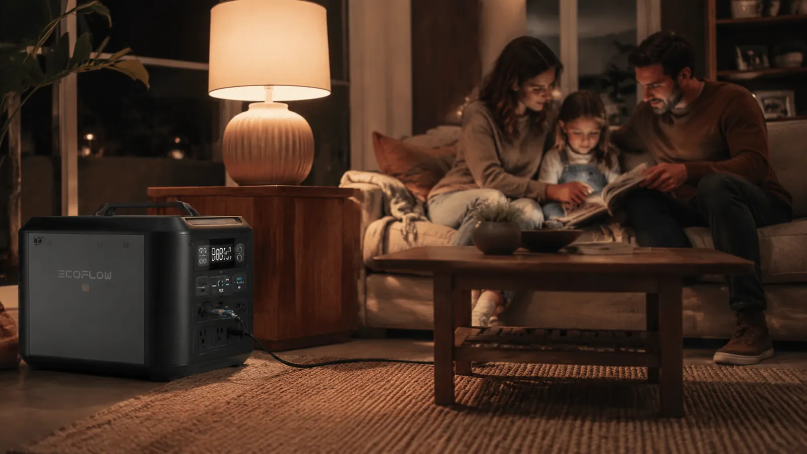 EcoFlow Delta Pro power station sitting in a well-lit living room next to a lamp and laptop during a nighttime power outage