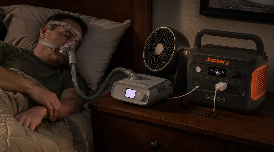 CPAP machine and a table fan plugged into the AC outlets of a Jackery 1000 v2 on a nightstand
