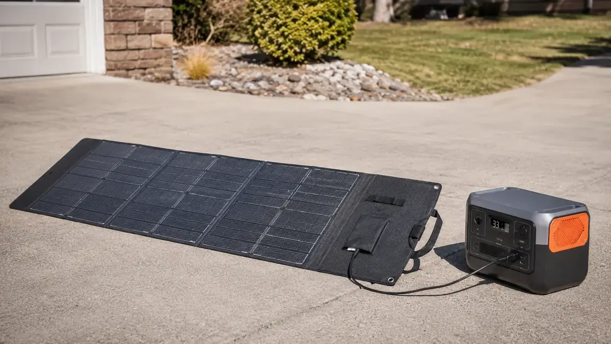 Jackery 1000 v2 being charged by a solar panel on a sunny driveway
