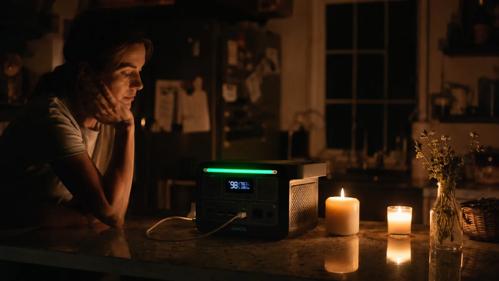 Jackery Explorer 1000 v2 sitting on a kitchen counter with the lights off and candles around it during a nighttime blackout