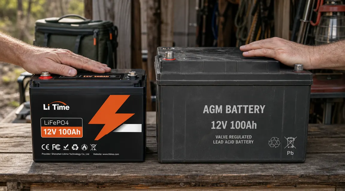 Hand placing LiTime LiFePO4 battery next to a heavy AGM battery on a workbench showing size and weight difference
