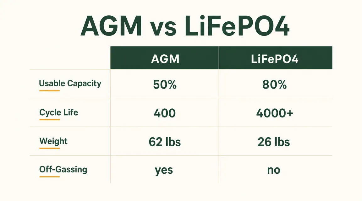 Chart comparing AGM vs LiFePO4 usable capacity and cycle life side by side