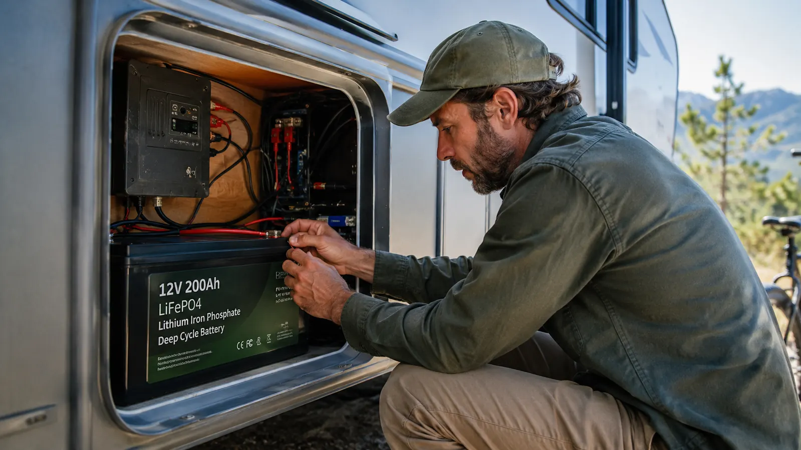 LiTime 12V 100Ah LiFePO4 battery installed in an RV battery compartment with wiring visible