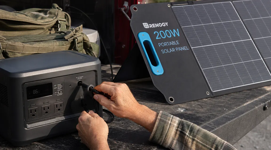 Hands connecting MC4 cable from the Renogy 200W panel to a portable power station on a tailgate