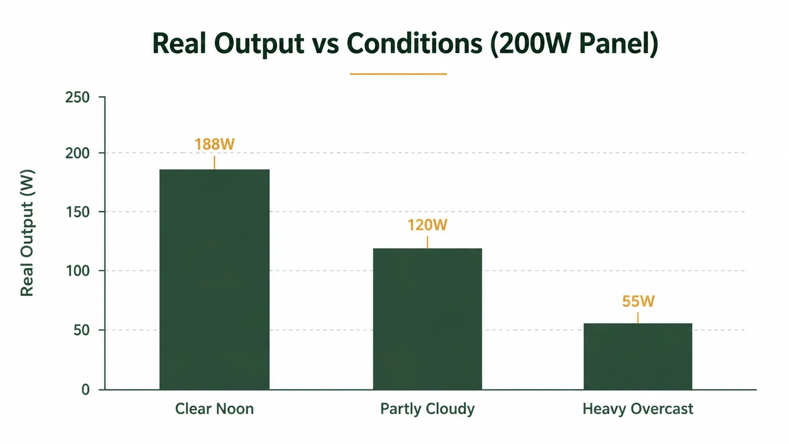 Chart showing solar output in watts across a clear day, overcast day, and partly cloudy day for a 200W panel