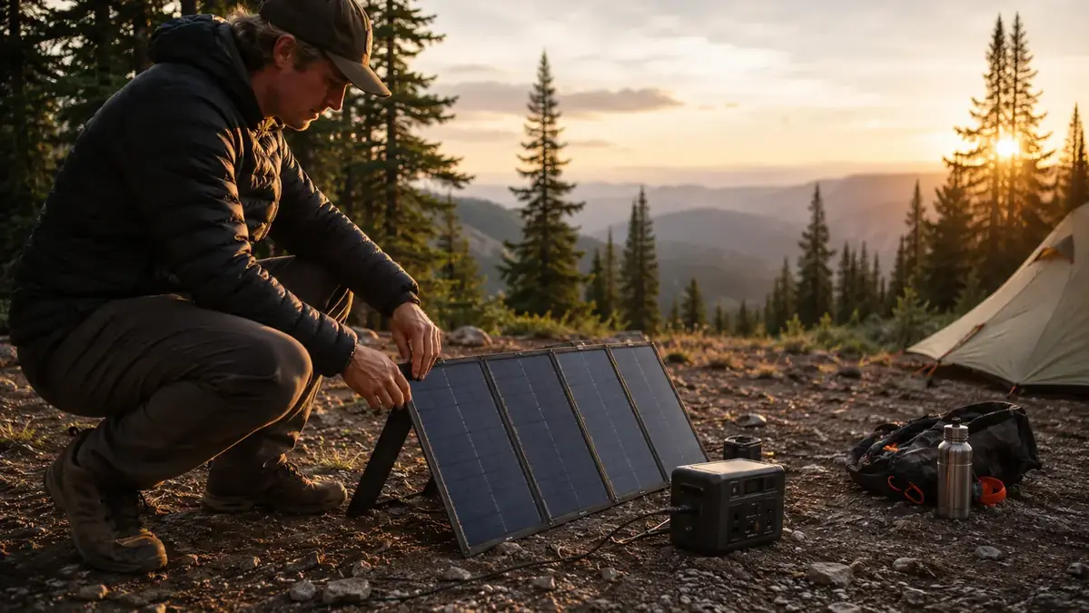 Renogy foldable solar panel laid out in a campsite meadow with a hiker and mountain backdrop