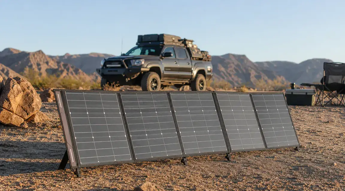 Renogy 200W foldable solar panel propped open on dry grass at a campsite with a power station connected by cable in morning light