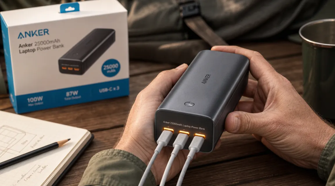 Close-up of the three USB-C ports on the Anker 25000 power bank with three cables plugged in simultaneously, slight warm glow near the ports