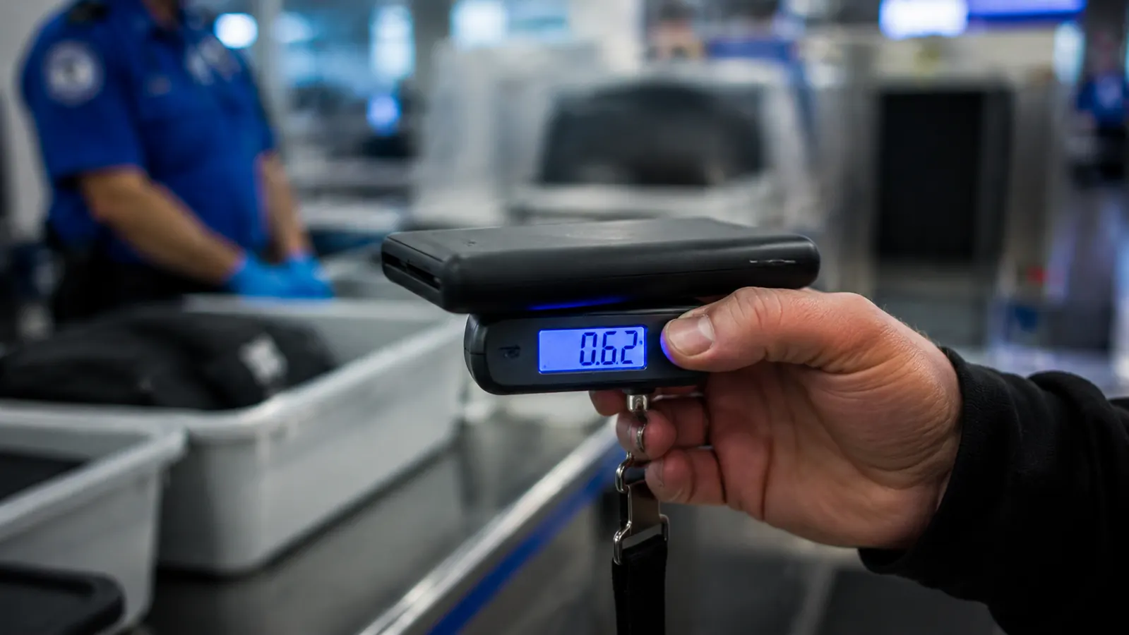 Anker 25000 power bank on a carry-on luggage scale at an airport, TSA bins visible softly in the background