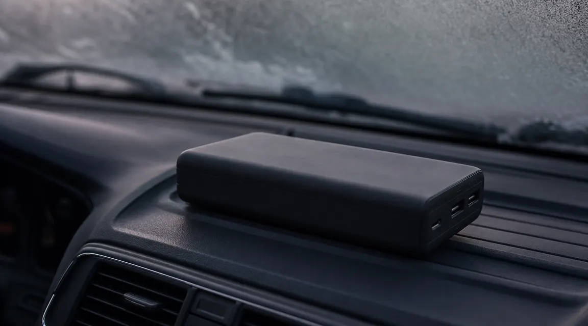 Anker 25000mAh power bank sitting on a truck dashboard in early morning cold light, condensation on the windshield behind it