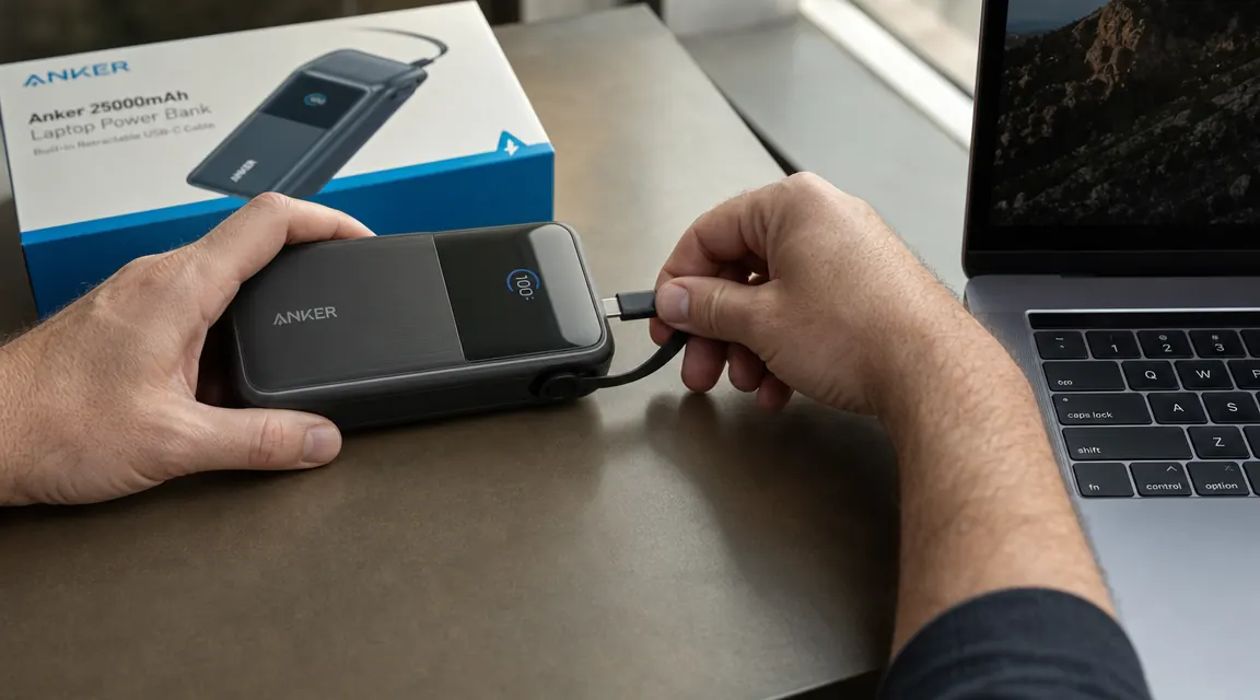 Anker 25000mAh power bank with retractable USB-C cable connected to a laptop on a desk