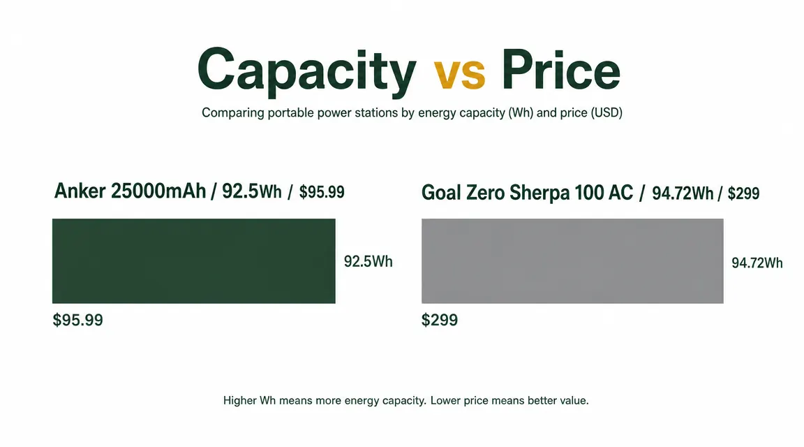 Bar chart comparing Anker 25000mAh capacity at 92.5Wh versus Goal Zero Sherpa 100 capacity at 94.72Wh with price labels