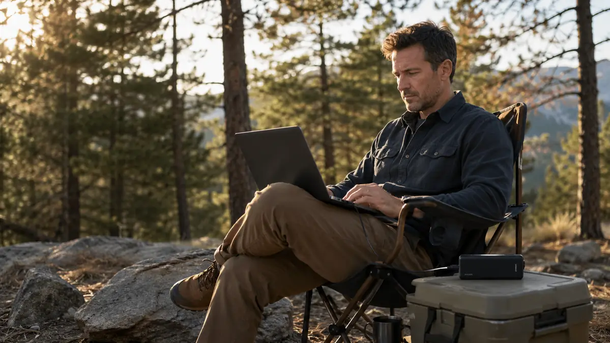 Person sitting in a camp chair using a laptop outdoors powered by a power bank, pine trees in background