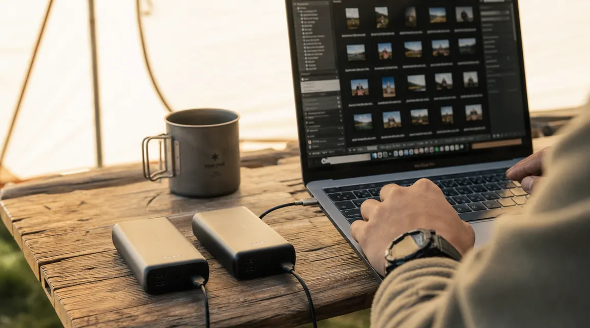 Two power banks side by side on a wooden camp table with a laptop and coffee mug in soft morning light