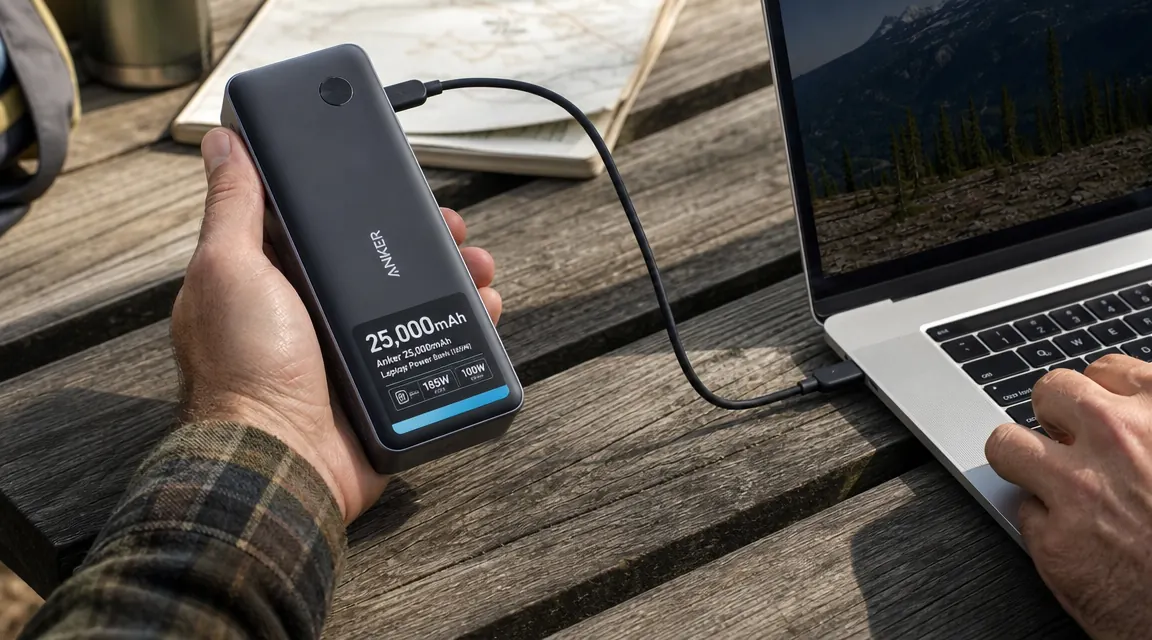 Hand holding the Anker 25000 power bank with a USB-C cable connected to a laptop, outdoor picnic-table setting