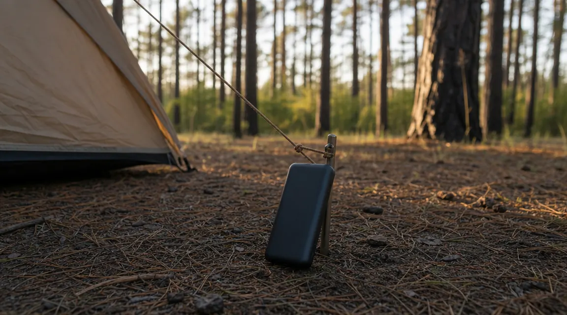 Anker power bank propped against a tent stake at a campsite, pine trees and dusk light in the background