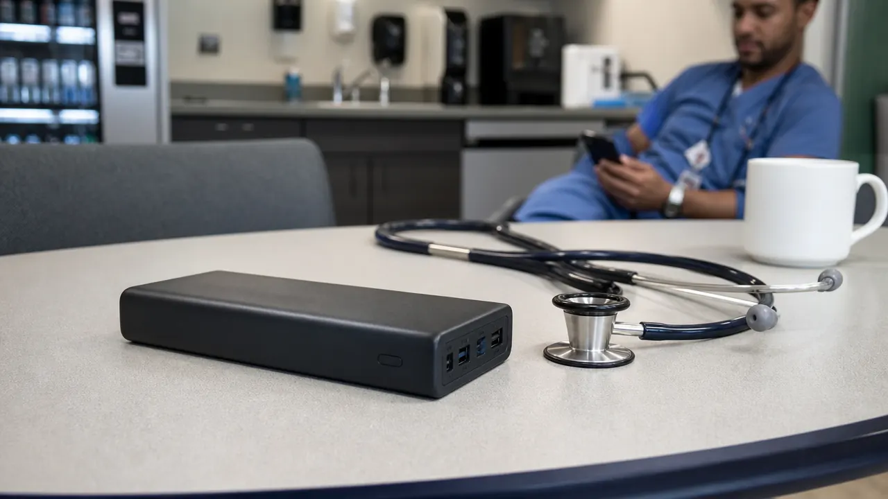Anker 25000mAh power bank sitting on a hospital break-room table next to a stethoscope and coffee mug, warm overhead light