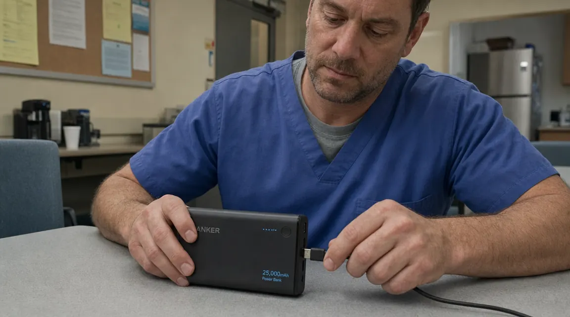 Hand connecting a USB-C cable from the Anker 25000 power bank to a smartphone during a break