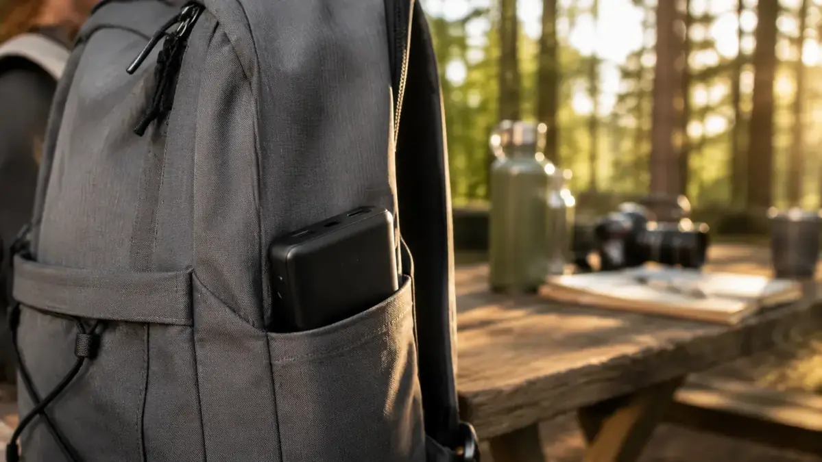 Anker 25000 power bank in a side pocket of a daypack next to camping gear on a picnic table