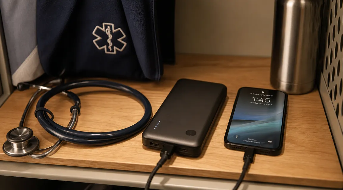 Anker power bank resting on a hospital locker shelf beside a stethoscope and a phone on charge