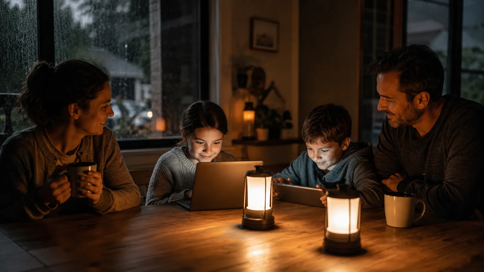 Family sitting around a table with battery-powered lanterns and a laptop connected to a power station during a storm outage