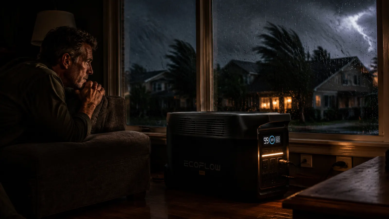 EcoFlow Delta Pro power station glowing in a dark living room during a nighttime power outage, hurricane rain visible through window