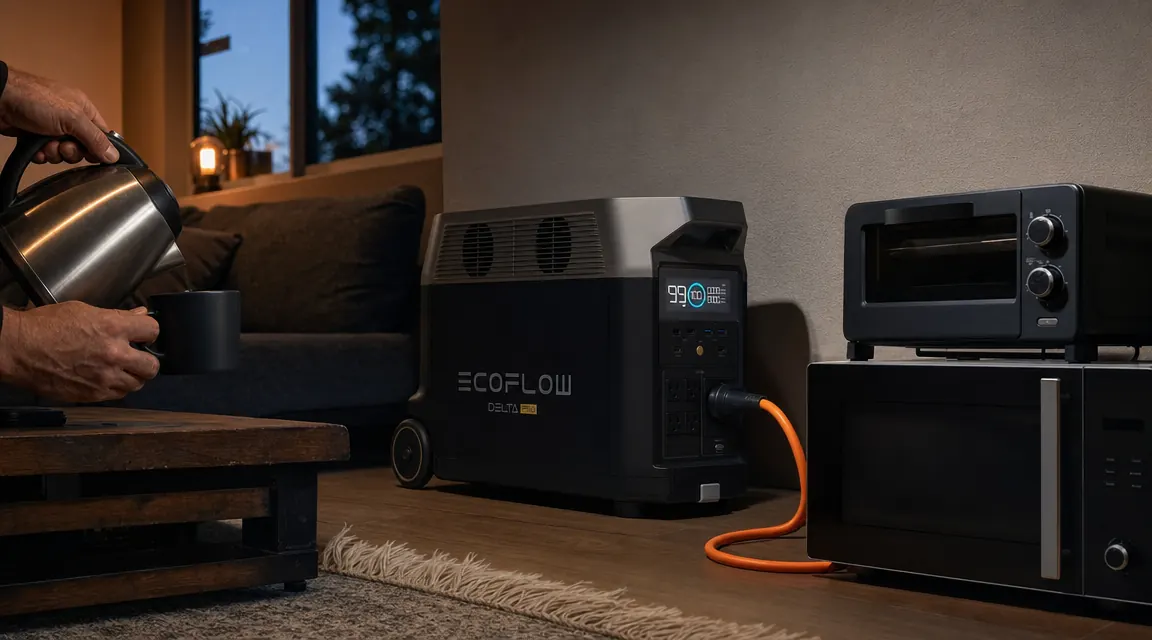 EcoFlow Delta Pro being used to power a refrigerator and box fan during a home power outage, screen glowing in a dim room