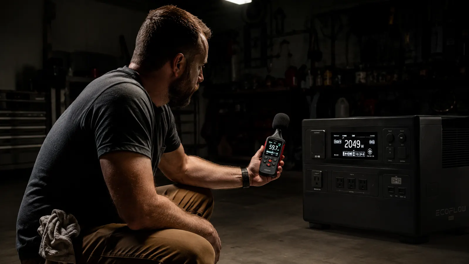 Person in a dark garage pointing a decibel meter at the EcoFlow Delta Pro while it runs at high load, showing fan noise measurement