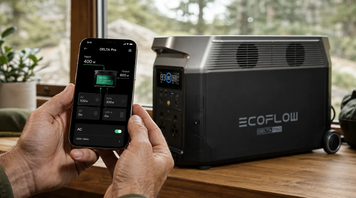Smartphone displaying the EcoFlow app next to the Delta Pro, showing battery percentage and input wattage readings