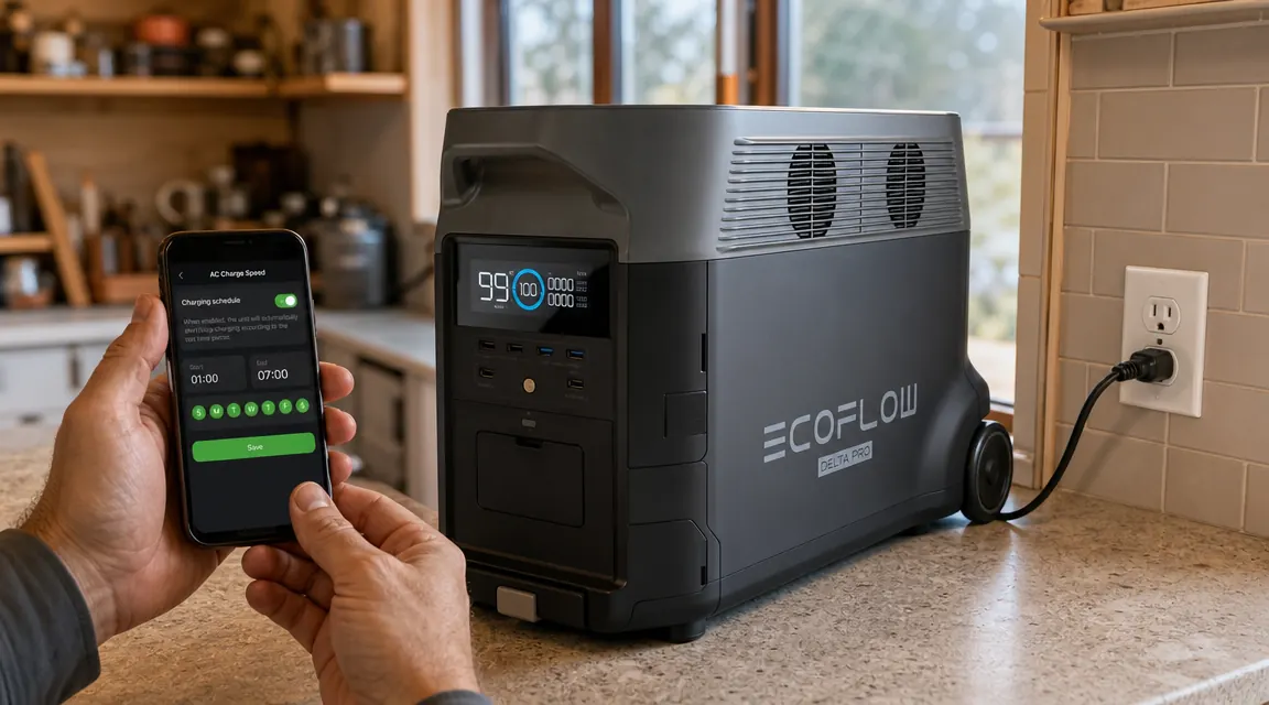 EcoFlow Delta Pro connected to home wall outlet with the EcoFlow smart app open on a phone showing charging schedule
