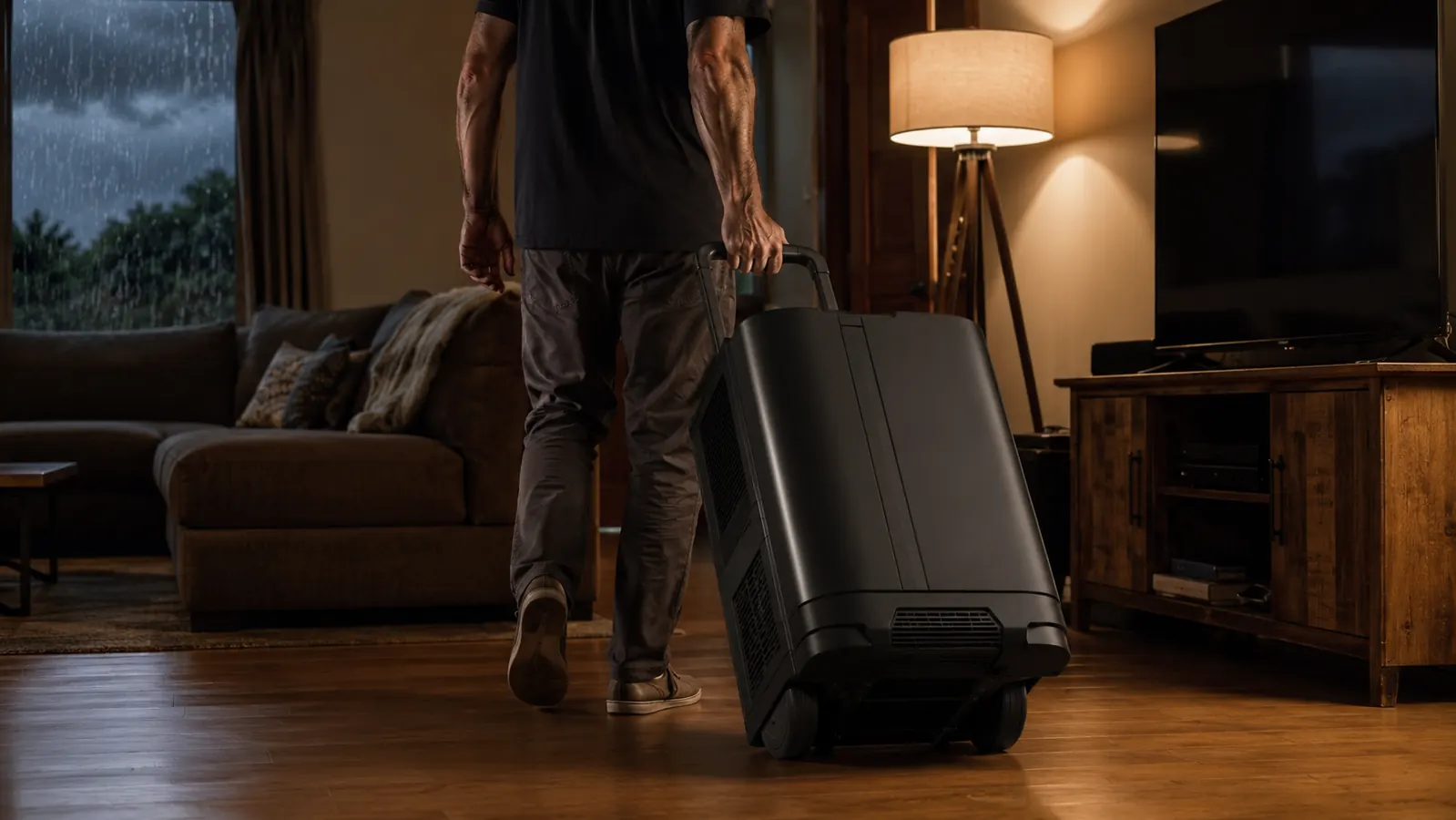 Person rolling the EcoFlow Delta Pro on its wheels across a living room floor toward a television and lamp