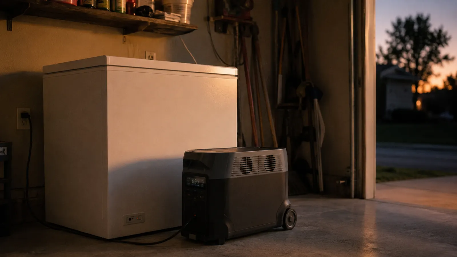 EcoFlow Delta Pro power station on a garage floor next to a chest freezer during a power outage, evening light through an open garage door