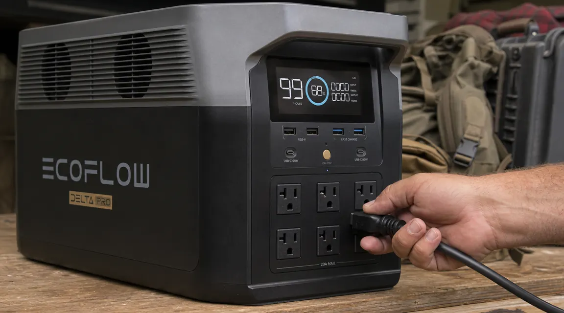 EcoFlow Delta Pro front panel showing AC outlets and digital display reading 3600Wh capacity