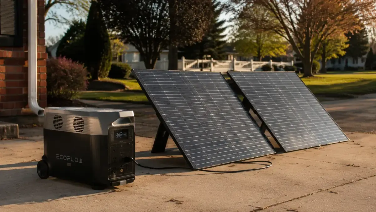 EcoFlow Delta Pro connected to two solar panels on a driveway during sunny afternoon charging session