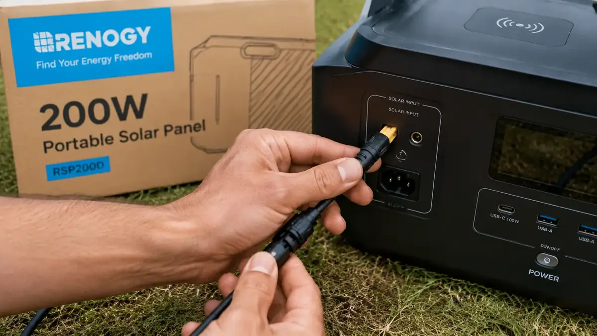 MC4 to XT60 solar adapter cable being plugged into a portable power station solar input port