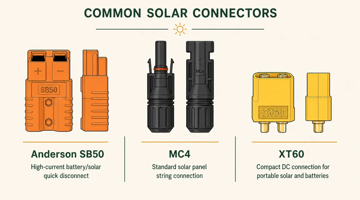 Diagram comparing Anderson, MC4, and XT60 connector types for solar panel wiring