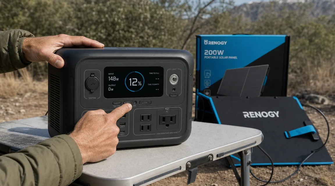 Power station display showing 148W solar input charging a nearly empty battery at a campsite