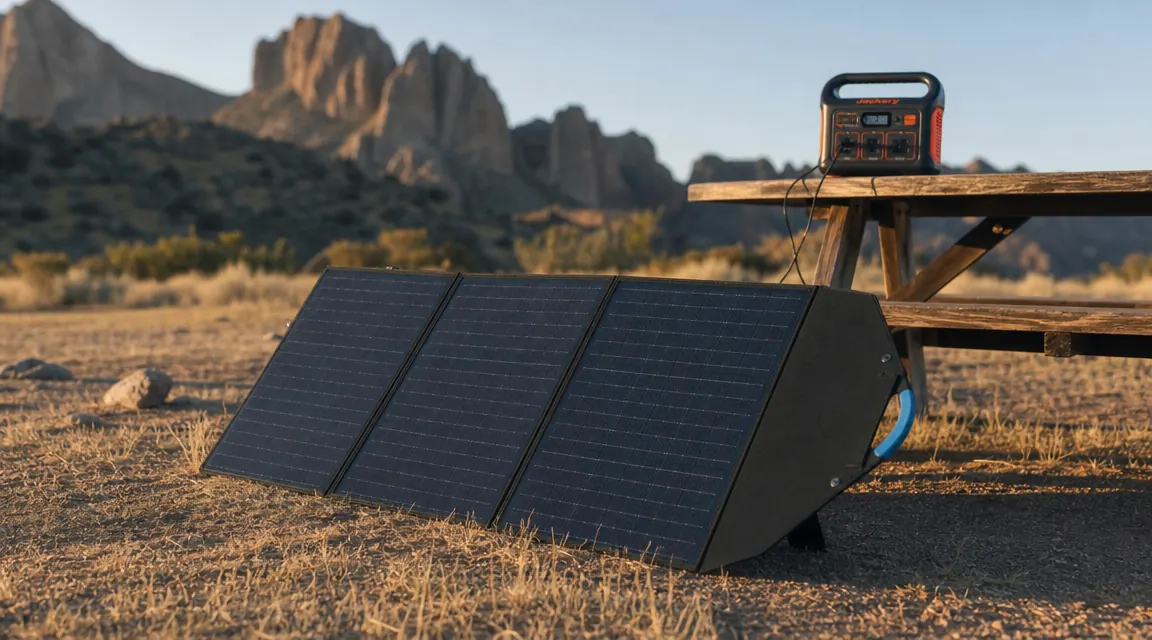 Renogy 200W foldable solar panel angled toward the sun on a campsite, connected to a portable power station on a picnic table