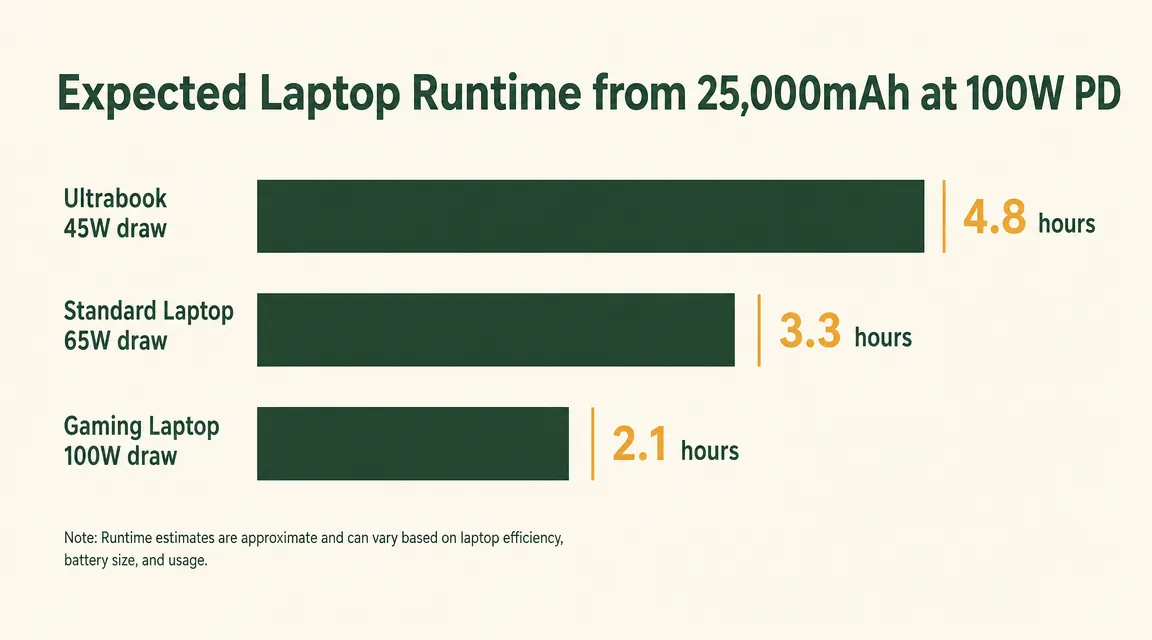 Chart showing laptop wattage draw versus power bank capacity for ultrabooks, standard laptops, and gaming laptops