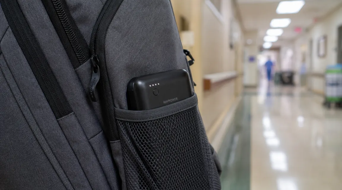 Power bank sitting in a backpack side pocket next to a water bottle, hospital hallway in background