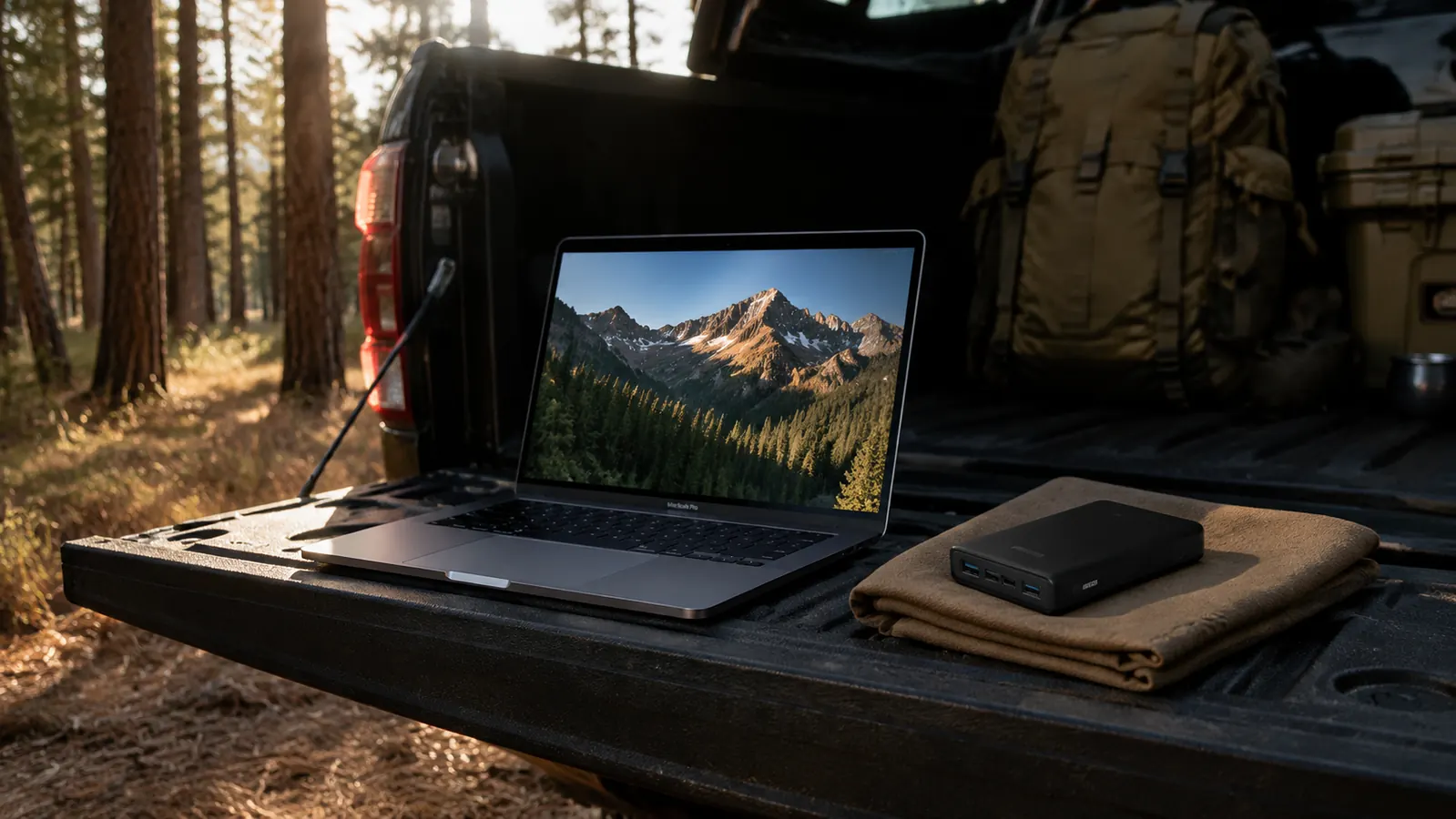 Laptop open on a tailgate in the woods, power bank sitting beside it on a folded camp towel