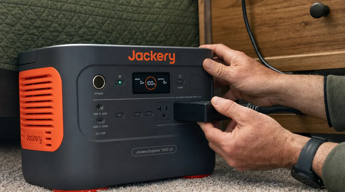Hand plugging a CPAP power cord into the AC outlet on a Jackery Explorer 1000 v2 portable power station