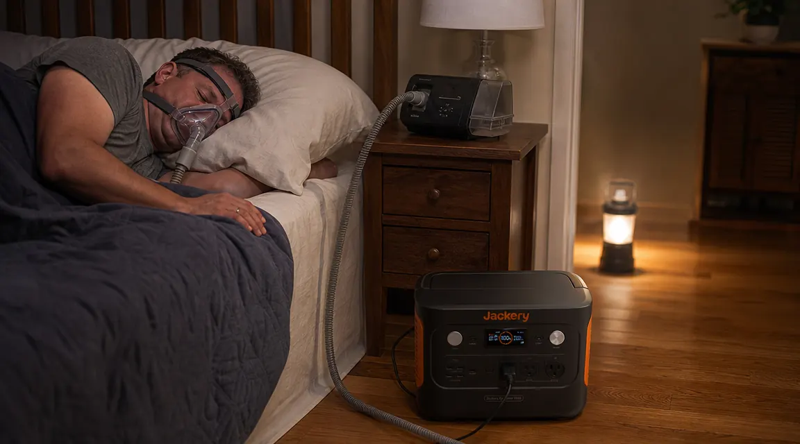 Jackery Explorer 1000 v2 power station sitting on the floor next to a bed with a CPAP machine running on the nightstand above it