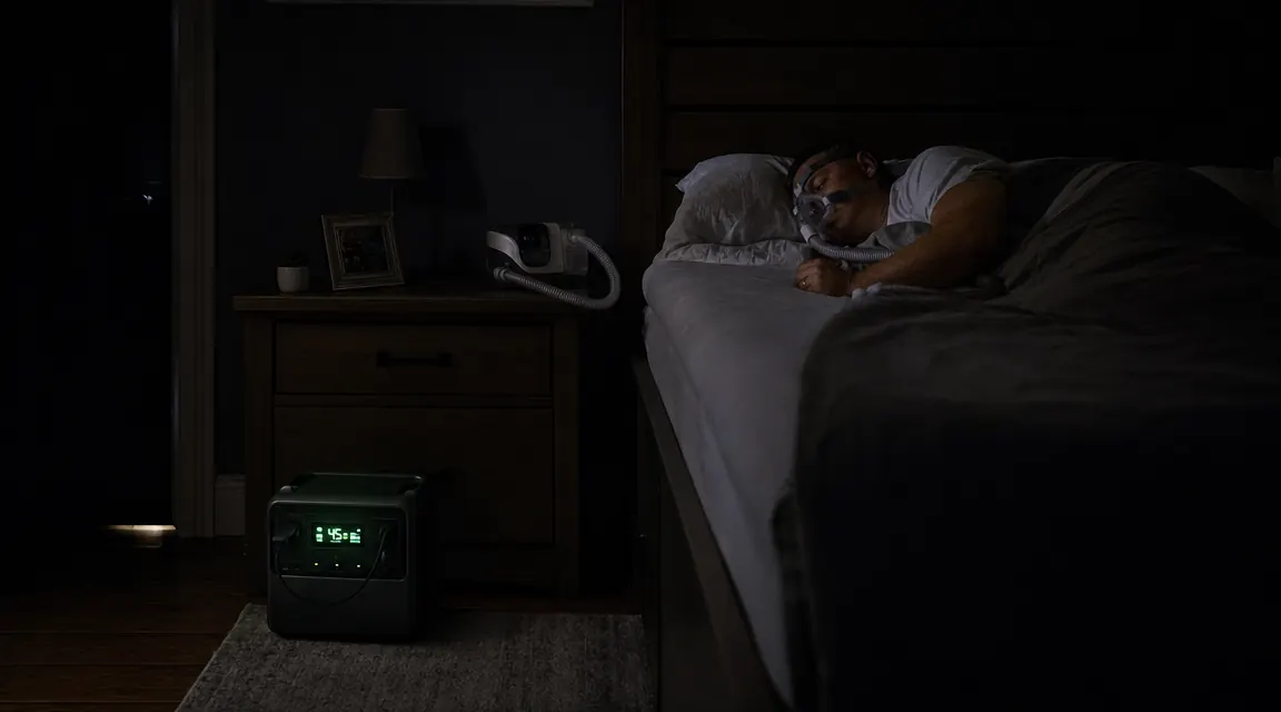CPAP machine on a nightstand in a dark bedroom lit only by a portable power station display glowing green